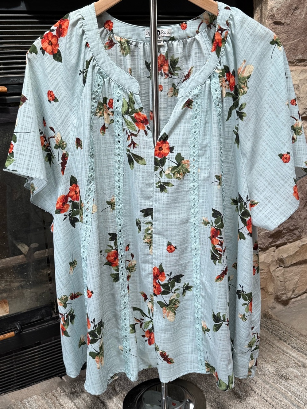 Light Greenish Blue Floral Crochet-Trim Peasant Top